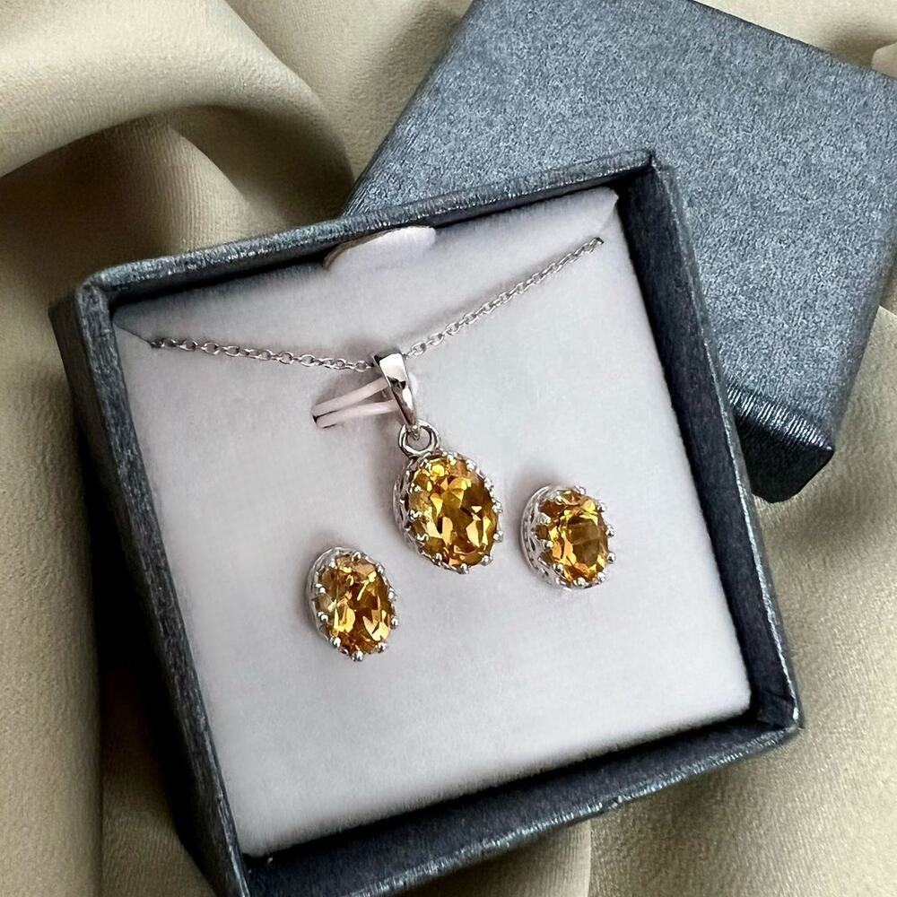 NEW Silver 925‎ and Yellow Citrine Oval Necklace Stud Earrings Set Fine Jewelry